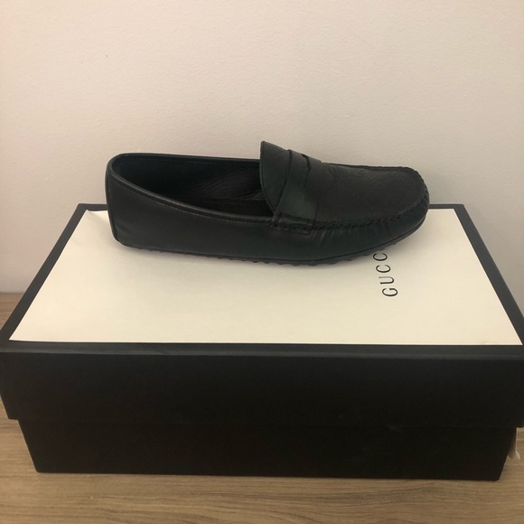 Gucci GG Logo Stamp Penny Loafers Moccasins Black Leather Men's SHOES 7.5 G 8 US - Picture 1 of 12